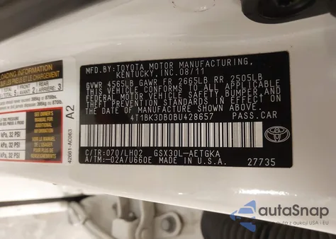 2011 Toyota Avalon из США, поврежденный, VIN 4T1BK3DB0BU428657